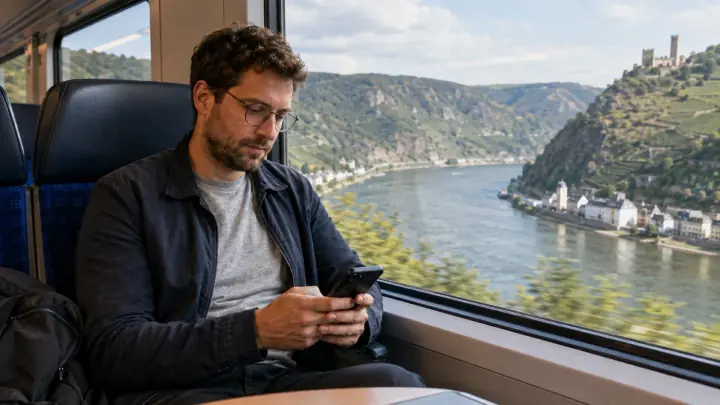 Fahrgast mit Smartphone im Regionalzug, im Hintergrund der Rhein mit einer Burg