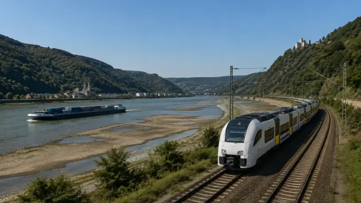 Moderner Triebwagen fährt bei Niedrigwasser am Rhein entlang
