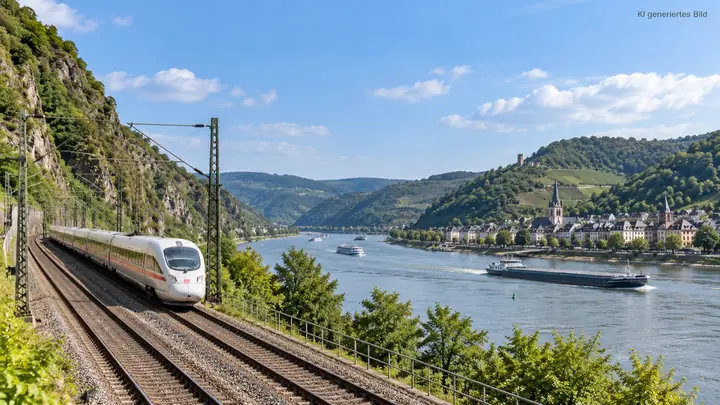Intercityzug fährt am Rheinufer entlang durch das Mittelrheintal